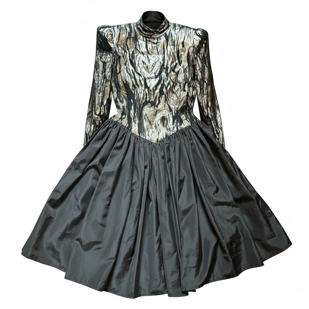 VTG 80s Francesca of Damon Metallic Gold Lame Party Dress Puff Sleeve Drop Waist
